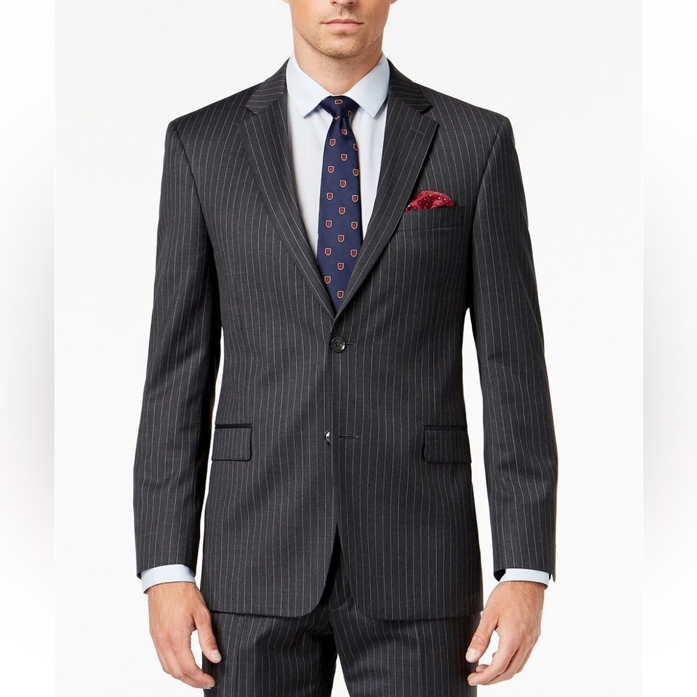 👔 Tommy Hilfiger Men's 100% Wool Pinstripe 2 Peiece Suit Navy Pin Stripe 40R/32W